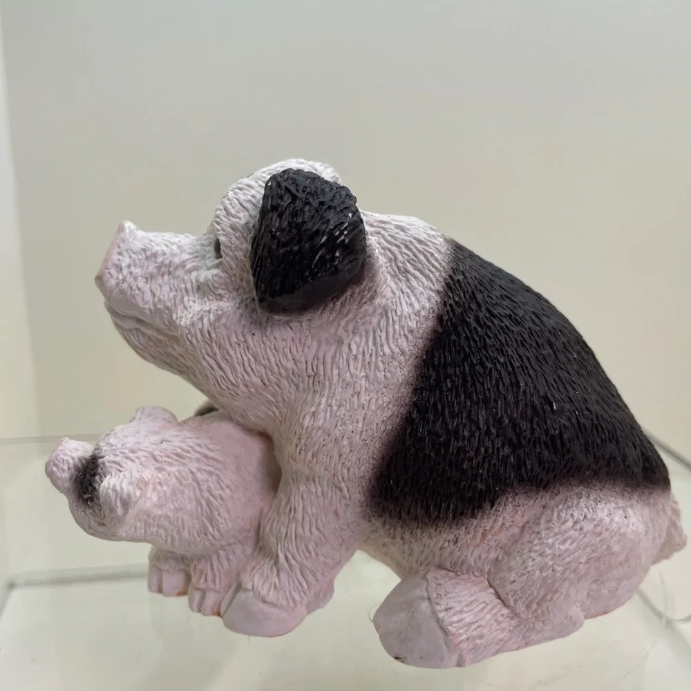 Handmade Stone Critters ceramic pig mother and baby figurine set.